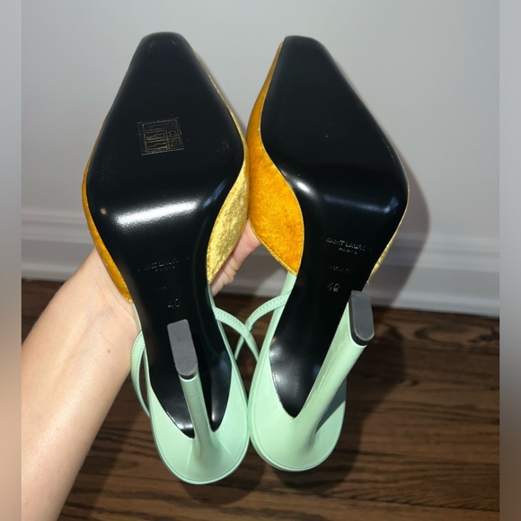 Saint Laurent Velvet Heels in Yellow and Mint - Picture 4 of 5
